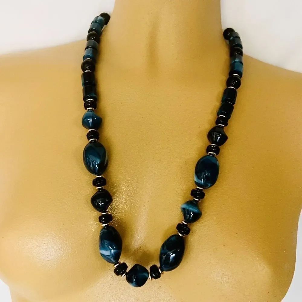 Vintage Lucite Necklace Black Blue Marbled Chunky Beads Gold Swirl BEAUTIFUL